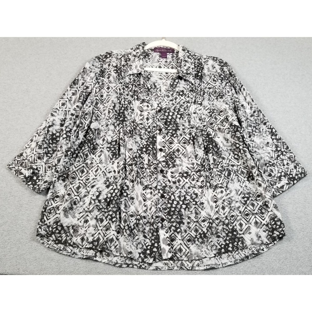 Gloria Vanderbilt Button Up Shirt Womens L Large Black Gray Geometric Artsy Top